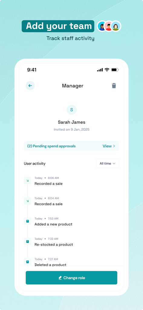 Cantant - Smarter Bookkeeping - Interface do aplicativo Cantant mostrando um perfil de membro da equipe com um log de atividade detalhado do usuário, incluindo atualizações de vendas e inventário.