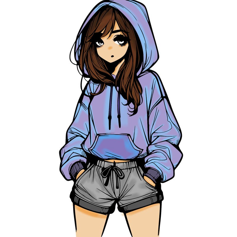 realistic girl in shorts and hoodie