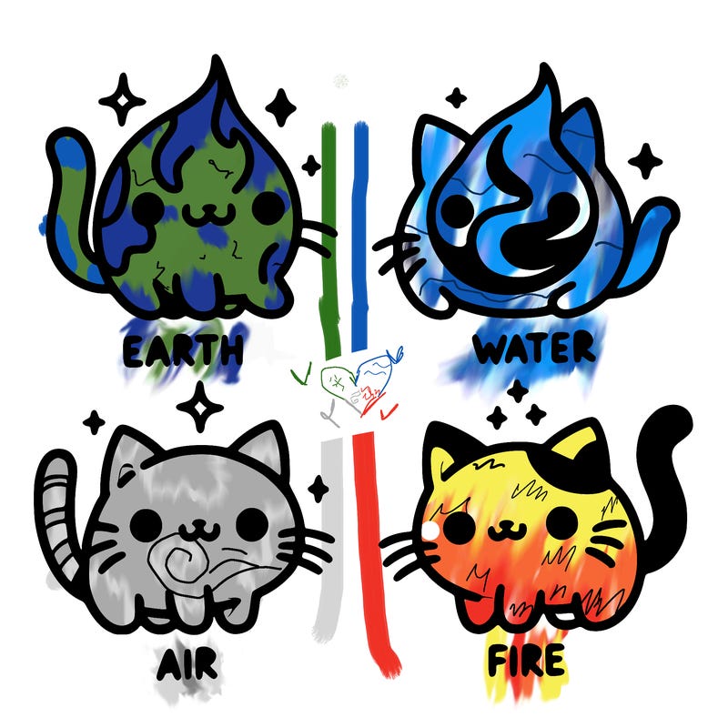 4 cats that represent the different elements, earth, water, air, and fire