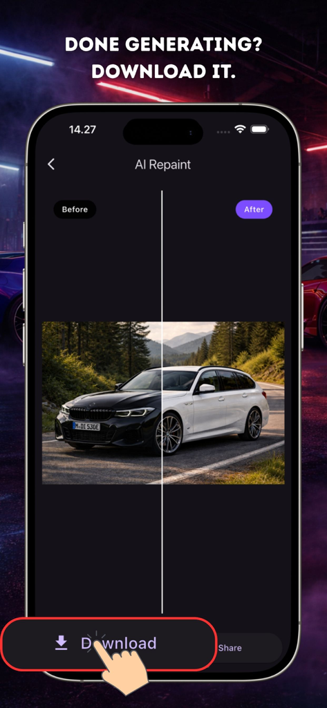 Car Color Editor Ai Repaint - Interfaz del editor de color de coche IA mostrando un control deslizante de comparación antes y después de un repintado de vehículo