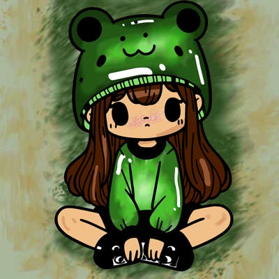 a girl wearing a frog hat and some frog socks