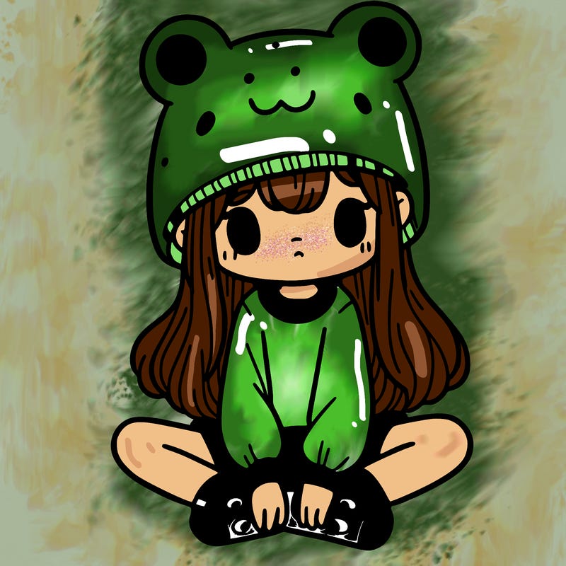 a girl wearing a frog hat and some frog socks
