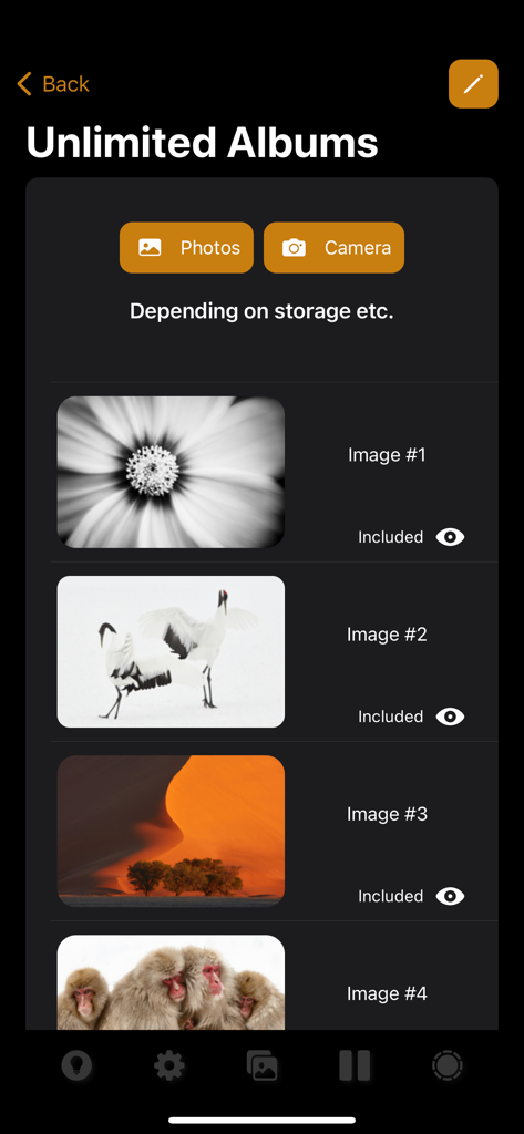 PhotoClock Pro - Interface of PhotoClock Pro app showing an unlimited albums management screen with professional nature photography examples
