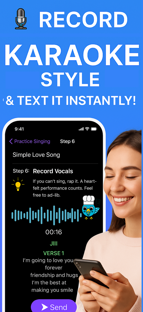 Song Chef - A woman using Song Chef app to record a personalized song with karaoke style lyrics on screen