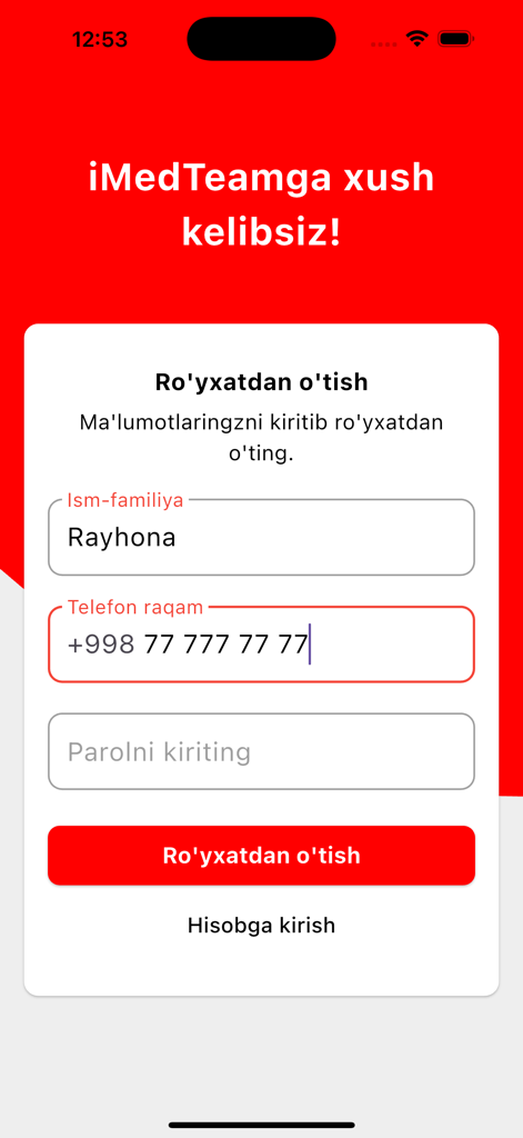 iMed Team - iMed Team app sign up screen showing registration form