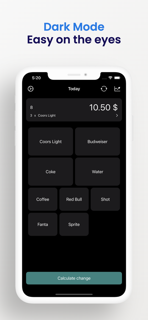Interface do aplicativo Register Helper em modo escuro mostrando uma transação de vendas com botões de produtos de bebidas e uma opção para calcular o troco.