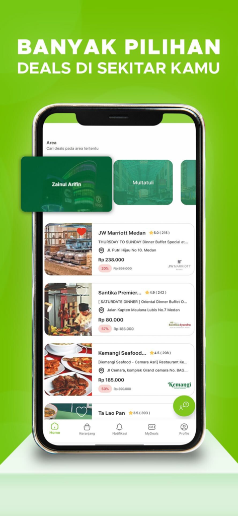DealJava - Smartphone screen showing DealJava app with various restaurant and lifestyle deals in Indonesia