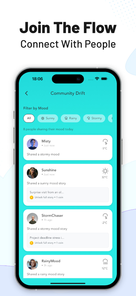 Salk: Share, Chat, Find Friend - 사용자들이 날씨 아이콘을 통해 현재 기분을 공유하는 Salk 앱 커뮤니티 드리프트 인터페이스