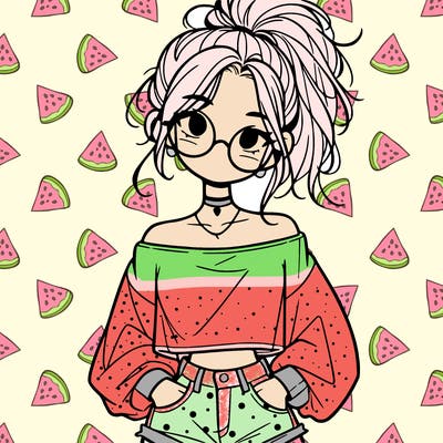 girl with a messy ponytail glasses a baggy crop top and jean shorts