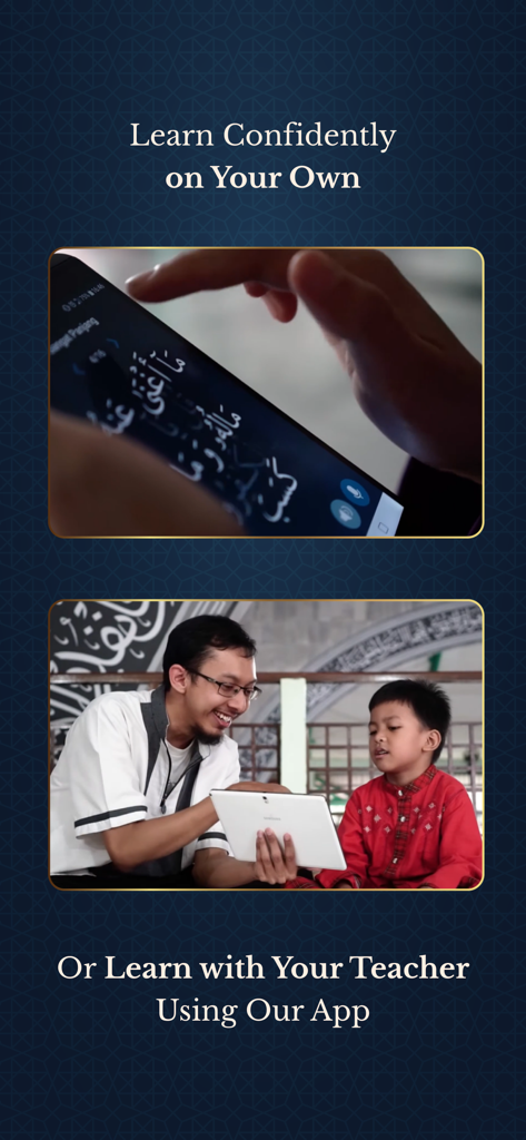 Two images showing self-study on a smartphone and guided learning with a teacher on a tablet