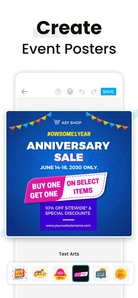 Social Media Post Maker - Social media post maker app showing an anniversary sale event poster design interface.