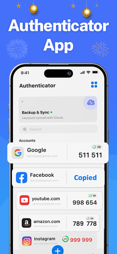 Écran mobile affichant l'application Authentificatrice avec des codes 2FA pour Google, Facebook et Amazon, et un statut de synchronisation iCloud actif