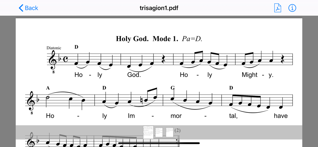 Digital Chant Stand - English sheet music for the Holy God hymn in the Digital Chant Stand app