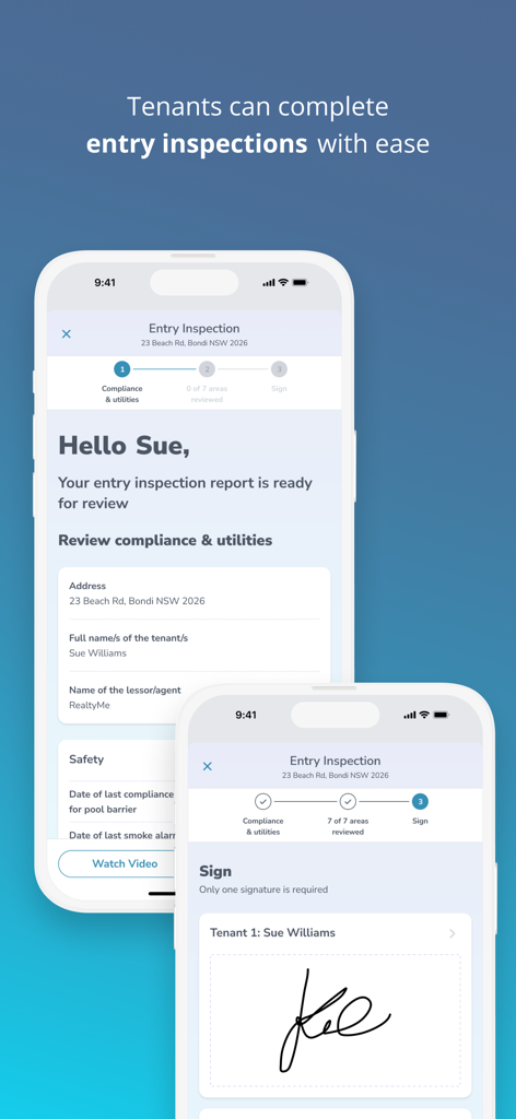PropertyMe - Two mobile screens of the PropertyMe app showing the process for a tenant to review and sign an entry inspection report.