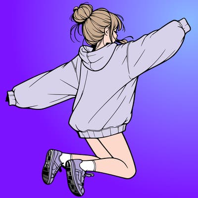 realistic girl jumping with a bun and oversized sweatshirt
