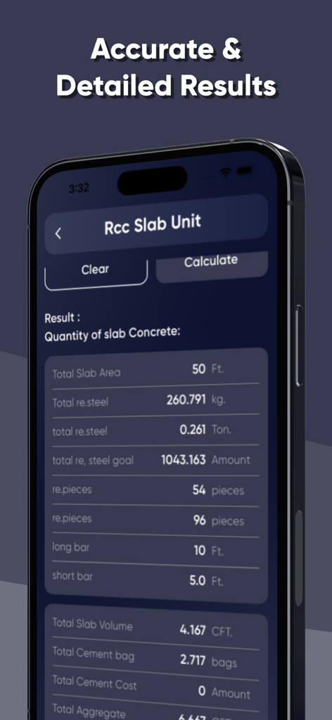 Civil Site Engineer App - Bildschirm der Bauingenieur-App, der genaue Berechnungen für Beton- und Stahlmengen für Stahlbetondecken zeigt