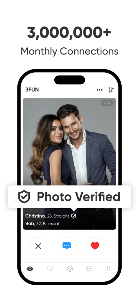 Screenshot of 3Fun app showing a photo verified couple profile and monthly connection stats