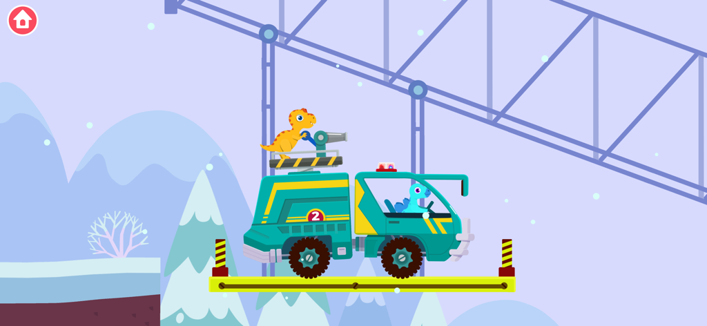 A dinosaur firefighter operating a water cannon on a teal fire truck in a snowy landscape