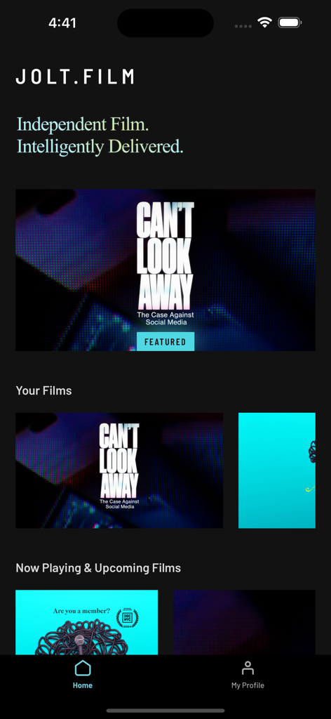 Jolt Film - Jolt Film app interface displaying curated independent films and a featured documentary