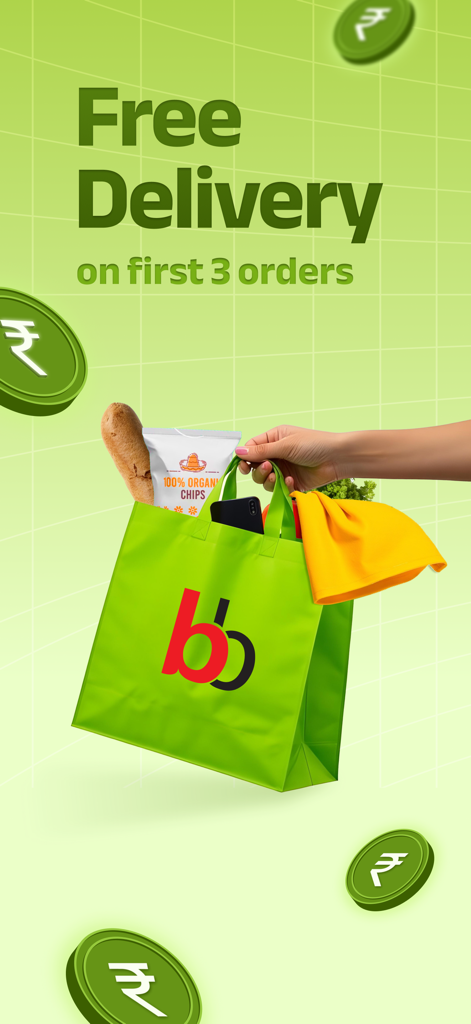 bigbasket: 10 min Grocery App - A promotional banner for bigbasket offering free delivery on the first three orders featuring a shopping bag filled with groceries