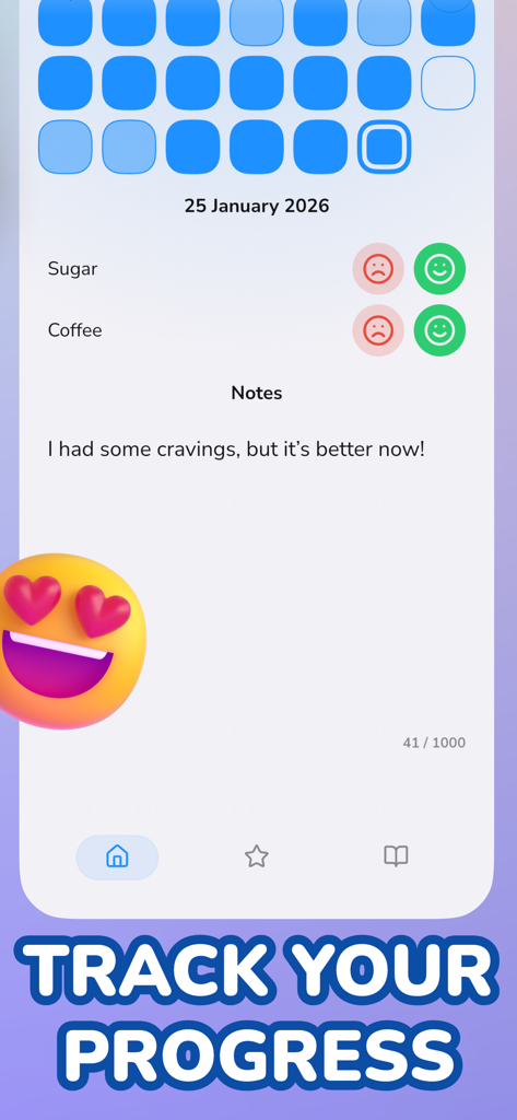 Interface of the Guardian Angel app showing progress tracking for sugar and coffee habits