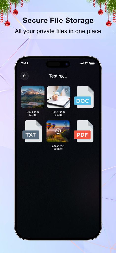 Dual Space app secure file storage interface showing private photos and documents.