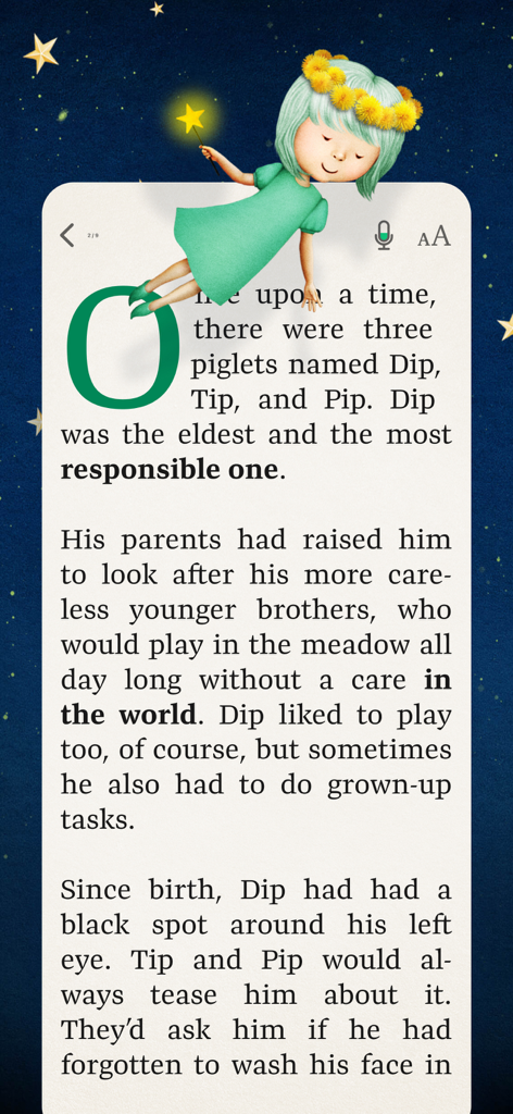 Reading interface of Readmio app showing a fairy tale about three piglets with a magical character illustration.