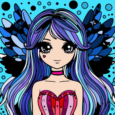 multi colored wings and blonde hair with multiple highlights of color standing in the background a world full of beautiful colors and beautiful faces