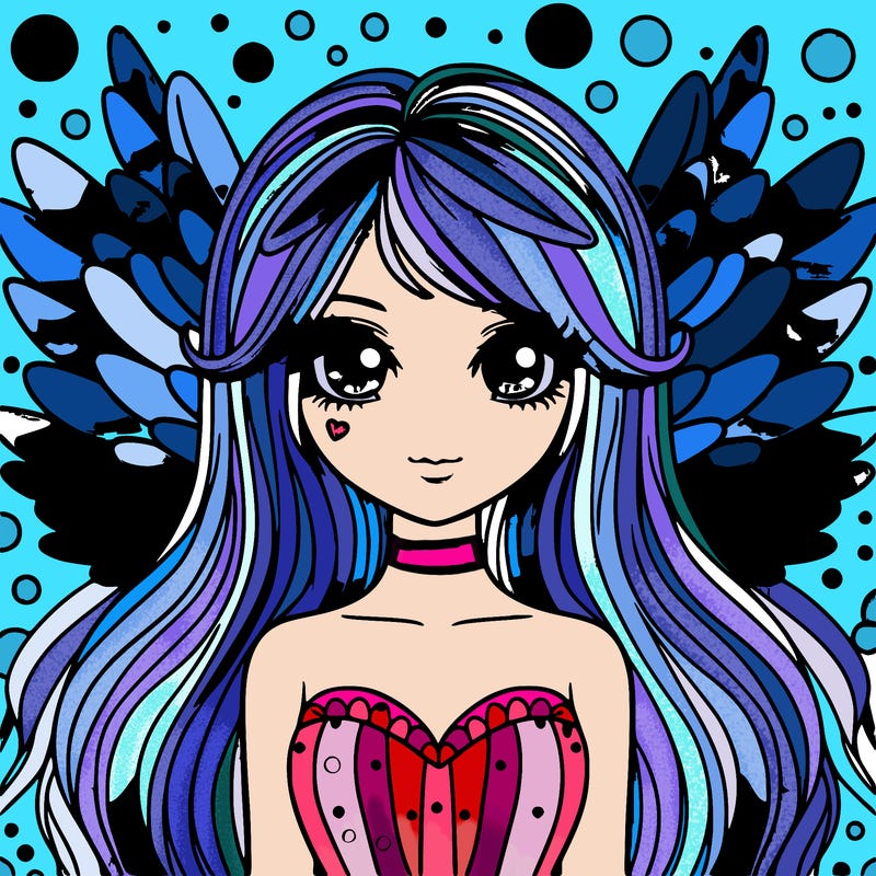 multi colored wings and blonde hair with multiple highlights of color standing in the background a world full of beautiful colors and beautiful faces