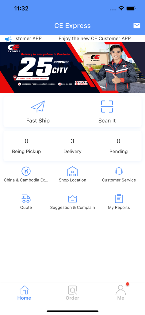 CE.Express - CE Express mobile app home screen with shipping and package tracking services for Cambodia