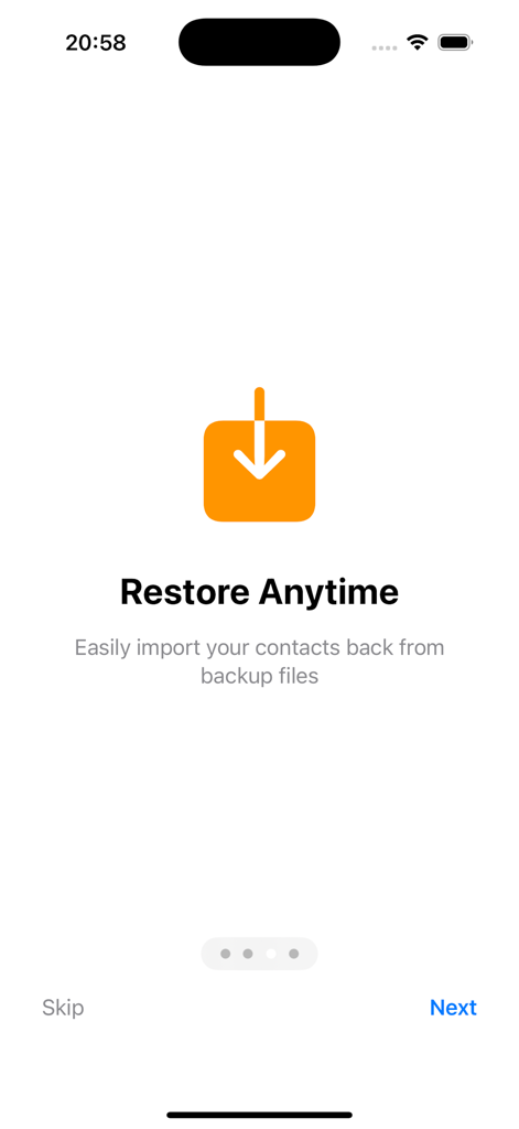 Contacts Backup- 3000 - Restore anytime onboarding screen for the Contacts Backup app with a download icon