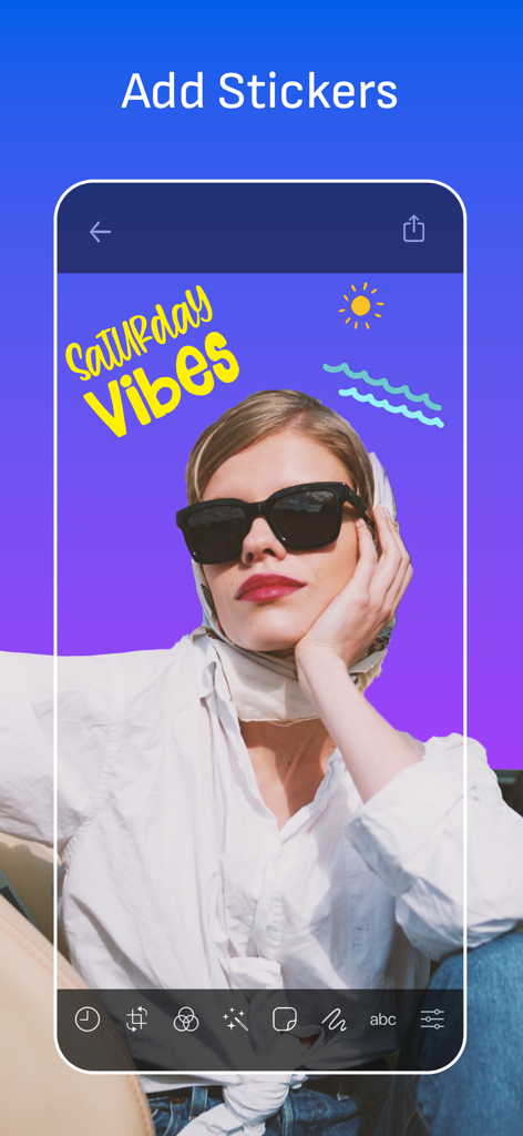 GIF Maker Studio - Create Fun - Interfaz de la aplicación GIF Maker Studio mostrando una foto de una mujer con stickers añadidos y el texto Saturday Vibes.