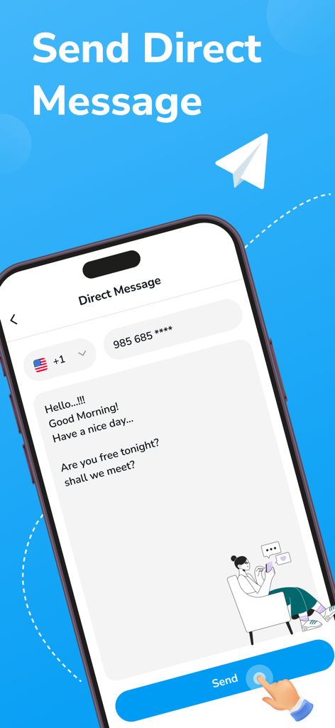 전화번호 입력 및 메시지 상자를 보여주는 Tele Web 도구 앱의 다이렉트 메시지 기능 인터페이스