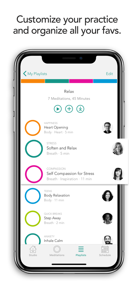 Meditation Studio - Meditation Studio app interface displaying a curated meditation playlist called Relax with various guided sessions.