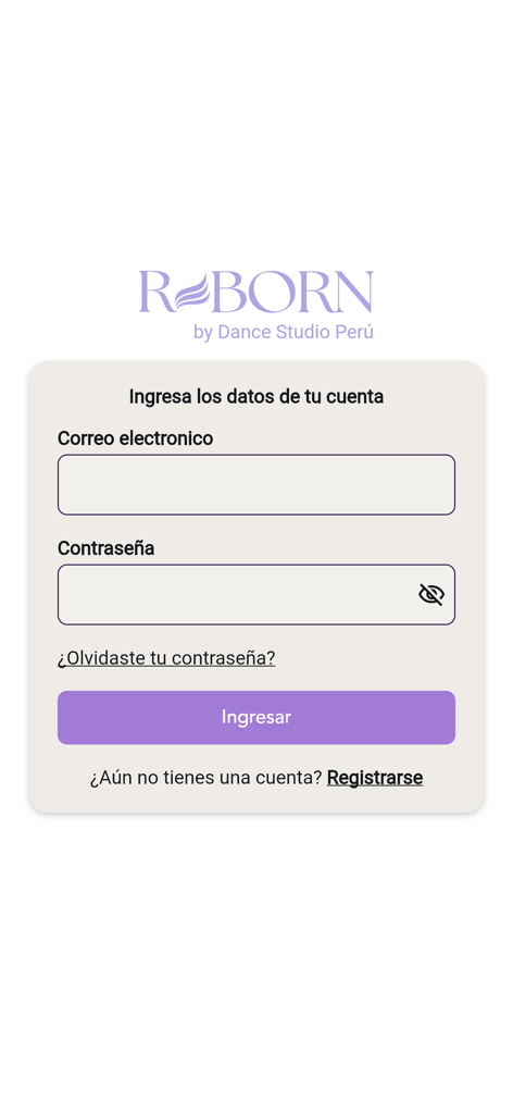REBORN by Dance Studio Peru - Login screen for the REBORN by Dance Studio Peru mobile app