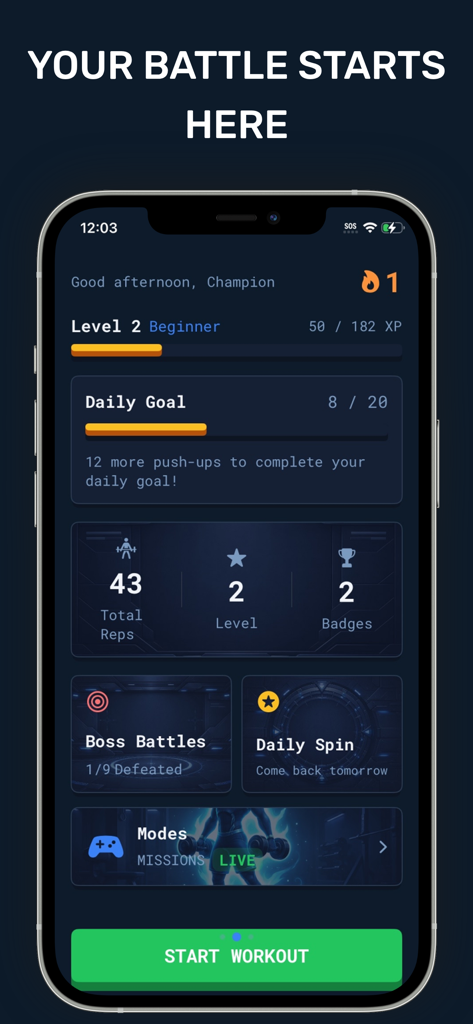 PUPG - Push Up PlayGround - PUPG app dashboard displaying gamified fitness tracking including daily push-up goals, XP levels, and boss battle missions.