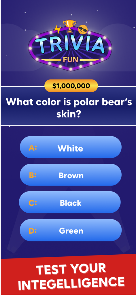 Trivia Fun: Learn & Play - Una pregunta de trivia sobre el color de la piel de los osos polares al estilo de un concurso con cuatro opciones de respuesta múltiple y un nivel de premio de un millón de dólares.