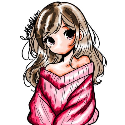 shy pretty girl wearing a sweater that is falling off one shoulder portrait