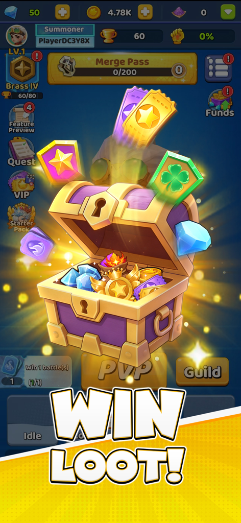 Merge Battle: PvP Arena - A golden treasure chest opening to reveal gems coins and battle tickets in Merge Battle PvP Arena