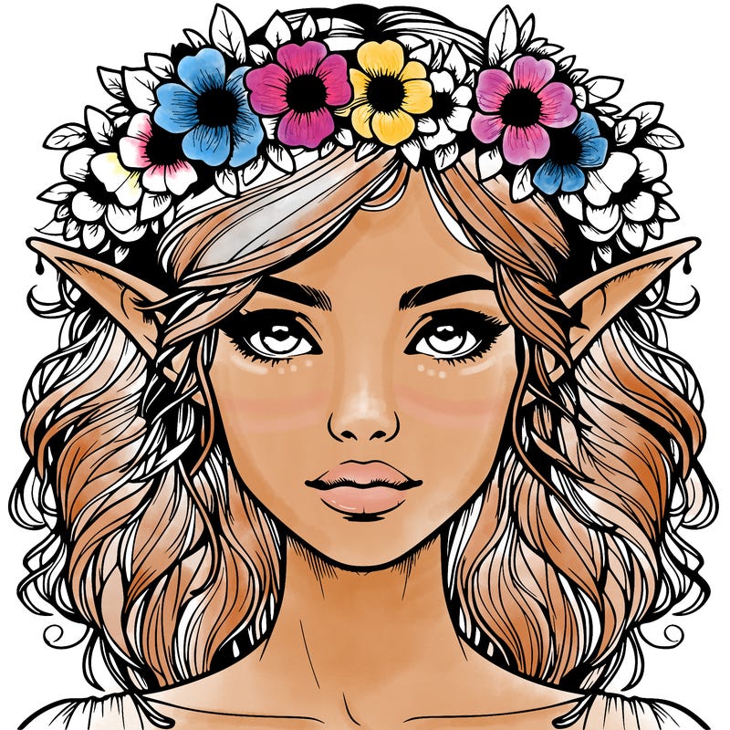 realistic female elf with flower crown