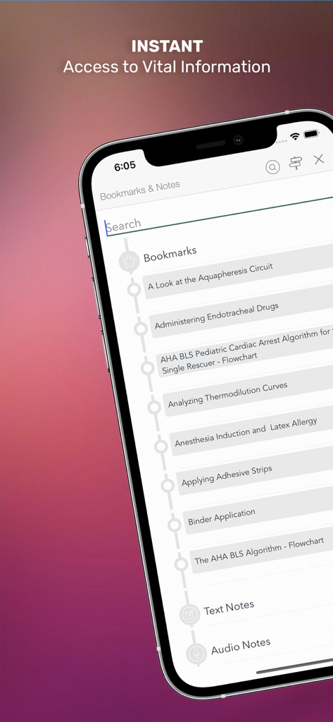 Bookmarks and Notes screen in the Lippincott Nursing Procedures app showing clinical procedures