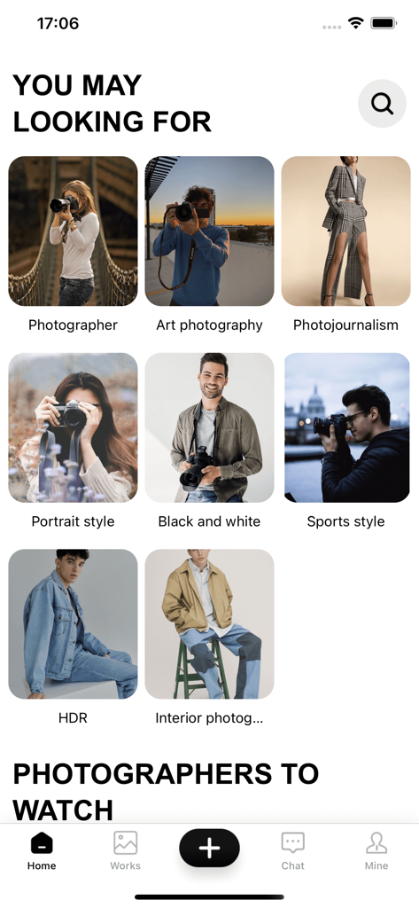 Tjgo - Video Chat，Adult Share - Interfaz de la aplicación Tjgo que muestra categorías de fotografía y perfiles de modelos