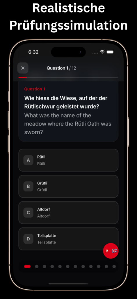 Einbürgerung Schweiz Test 2026 - Captura de pantalla de la aplicación del examen de ciudadanía suiza que muestra una pregunta bilingüe de historia sobre el Juramento del Rütli