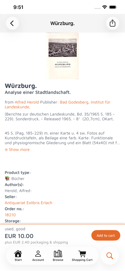Buchfreund - Página de producto en la aplicación Buchfreund para un libro vintage sobre Wurzburg