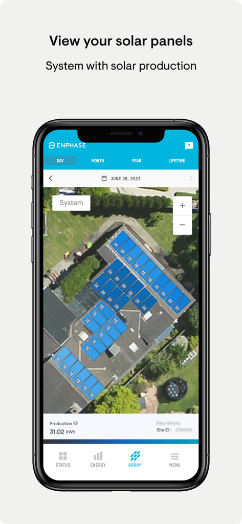 Enphase Enlighten - Enphase Enlighten app interface displaying a solar panel array layout with energy production metrics on a home roof