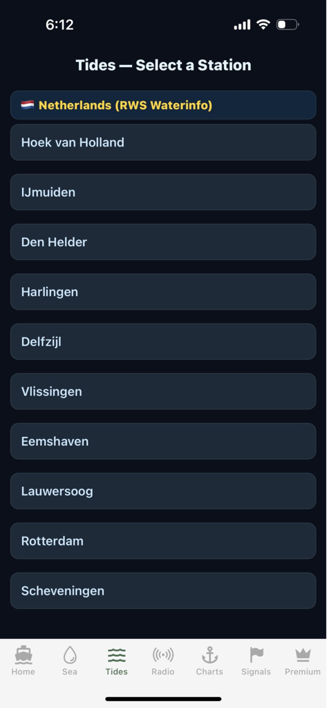 Live Marine Traffic - Interface showing a selection of tide stations for the Netherlands in the Live Marine Traffic app