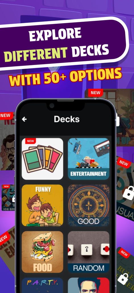 Never Ever:Offline Game - Interface de l'application Never Ever montrant plusieurs catégories et jeux de fête.