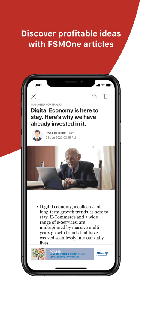 FSMOne - Invest Globally - Smartphone screen displaying a research article on the FSMOne investment platform.