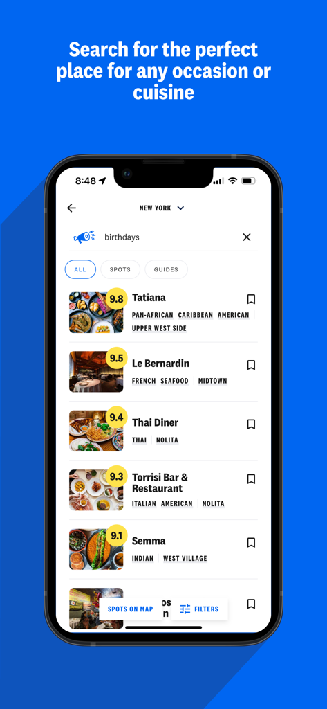 Search results for birthday restaurants in New York City on The Infatuation app showing top rated dining spots.