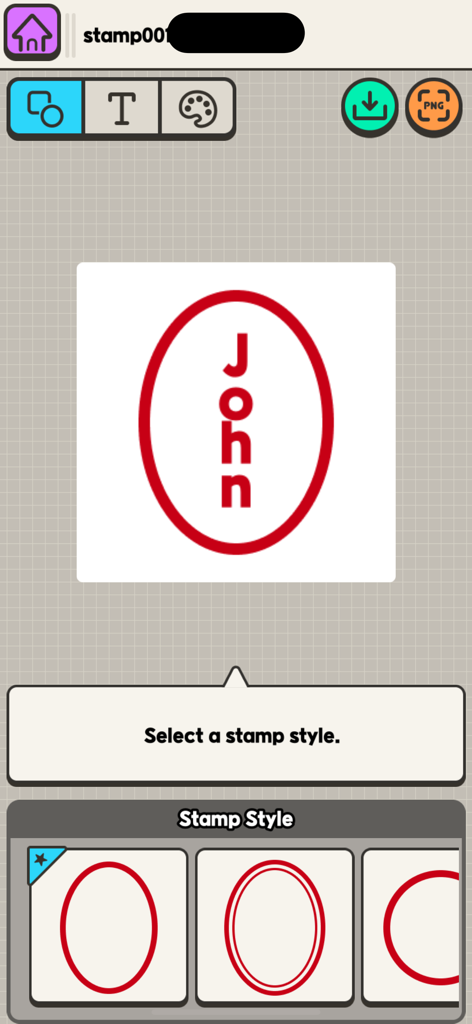 Interfaz de la aplicación Stamp Craft para crear un sello digital personalizado con nombre y marco ovalado rojo